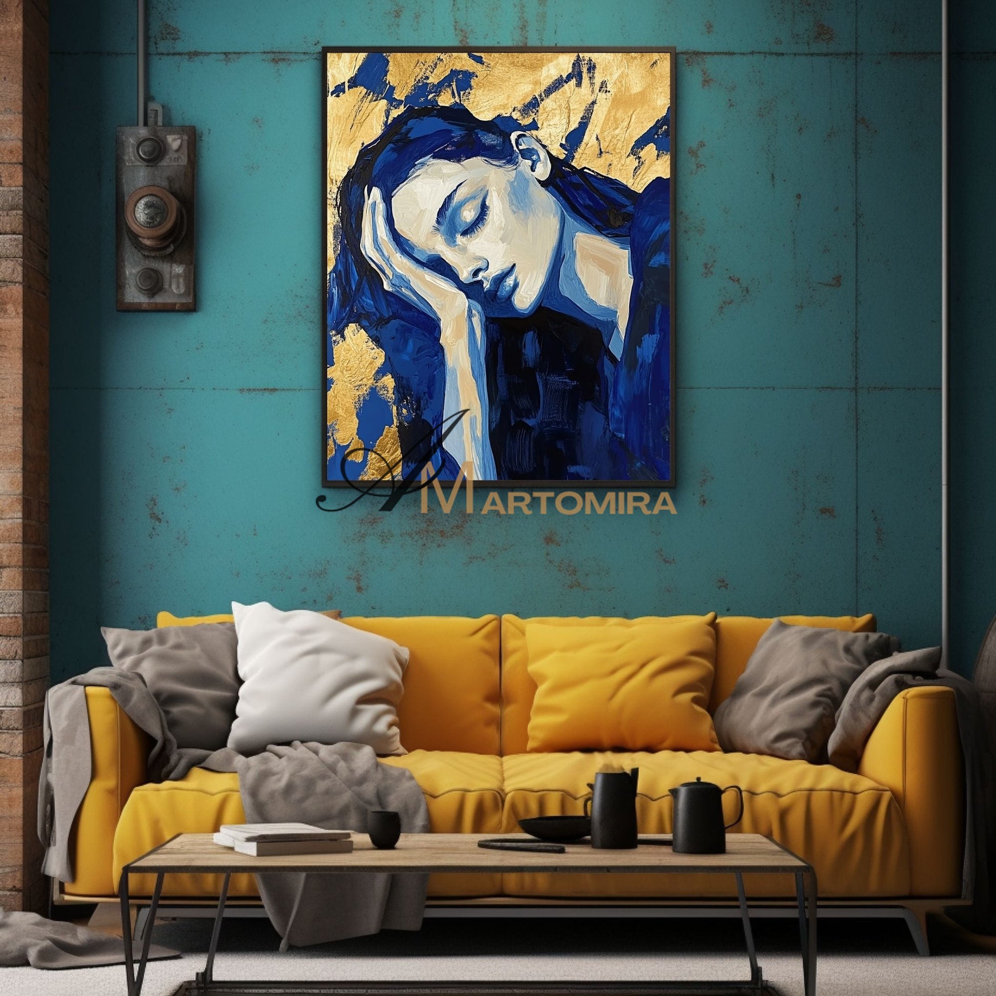 Blue And Gold Wall Art | Art Portraits | Acrylic Paint | Large Canvas Wall Art #AP038