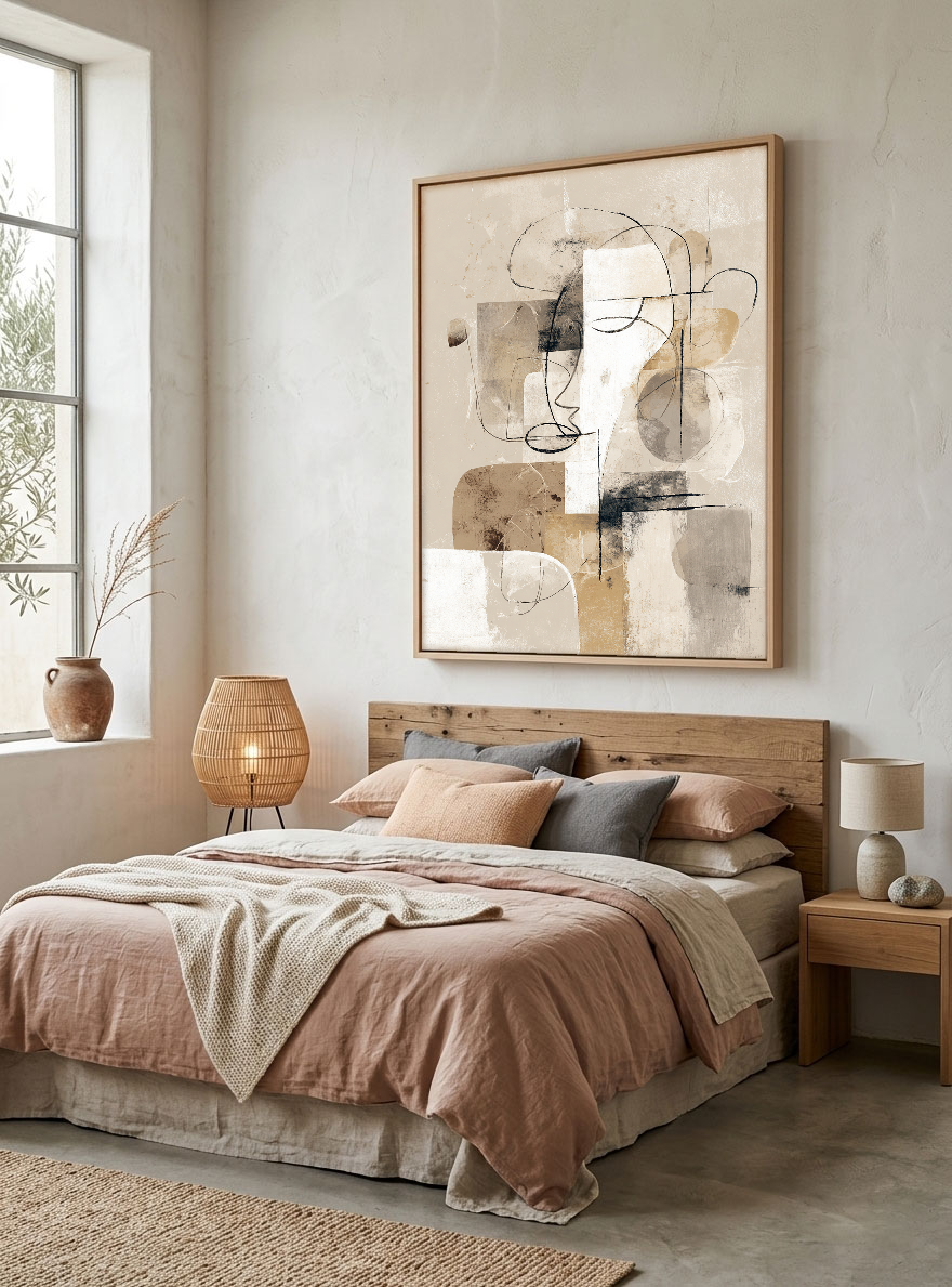 Modern Abstract Neutral Geometry & Lines Textured Canvas Wall Art Beige White Brown Black Subtle Line Drawings Soft Block Shapes Minimalist Home Decor for Living Room Bedroom Office Dining Room Hallway