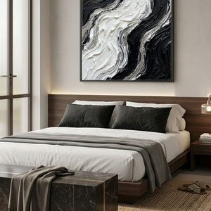 Black and White Abstract Curved Wave Impasto Wall Art Modern Thick Textured Knife Brush Stroked Painting Monochrome Flow Artwork Large Bold Minimalist Decor for Living Room Bedroom Office Dining Room Hallway