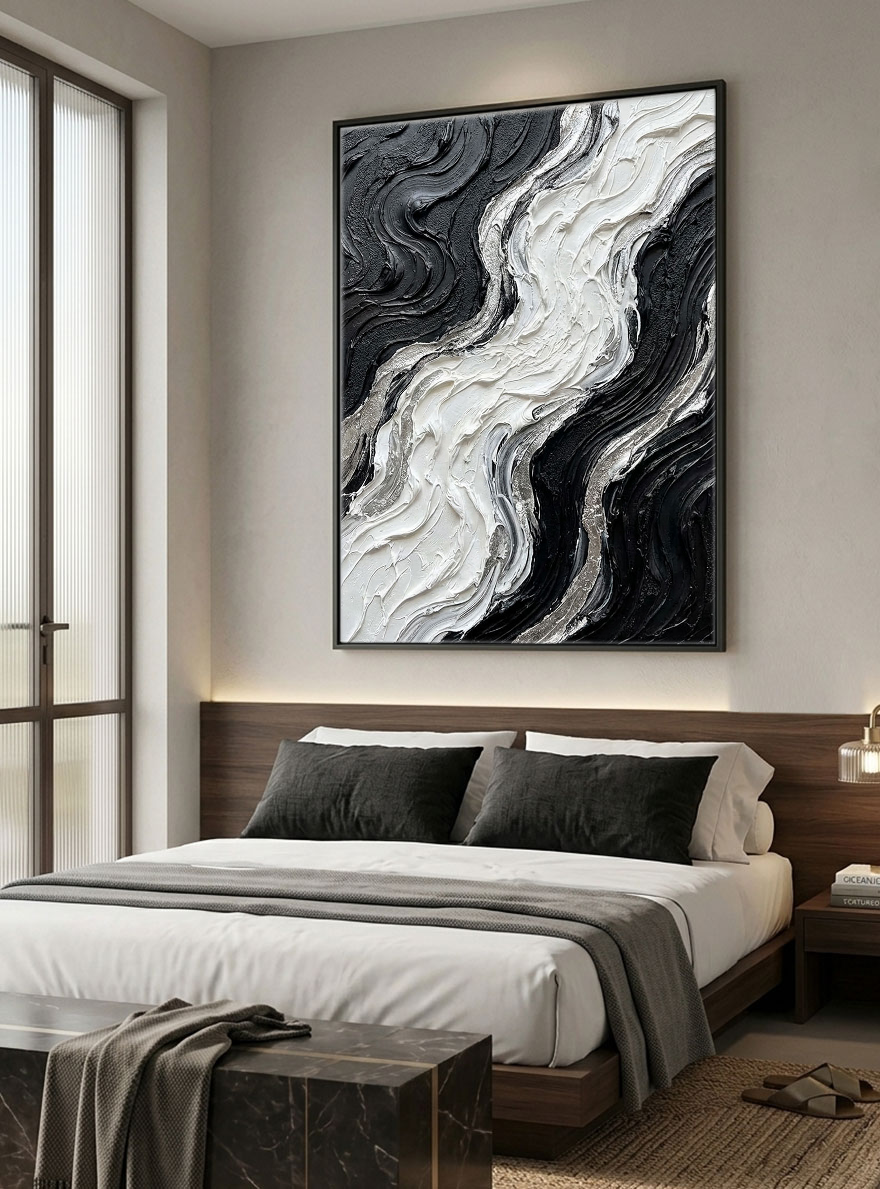 Black and White Abstract Curved Wave Impasto Wall Art Modern Thick Textured Knife Brush Stroked Painting Monochrome Flow Artwork Large Bold Minimalist Decor for Living Room Bedroom Office Dining Room Hallway