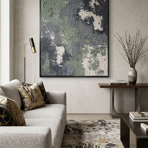 Abstract Textured Dark Green, Medium Grey, White & Beige Thick Impasto Wall Art Modern Muted Non-Representational Decor for Contemporary Home Office Hallway Dining Bedroom Living Room Spaces
