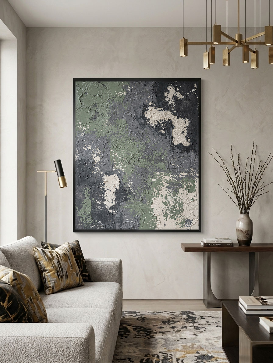 Abstract Textured Dark Green, Medium Grey, White & Beige Thick Impasto Wall Art Modern Muted Non-Representational Decor for Contemporary Home Office Hallway Dining Bedroom Living Room Spaces