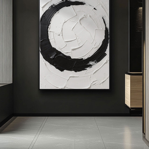 Minimalist Black and White Abstract Circular Impasto Wall Art, Bold Textured Brushstrokes Thick Paint Stacking Knife Marks Modern Geometric Line Decor for Contemporary Spaces