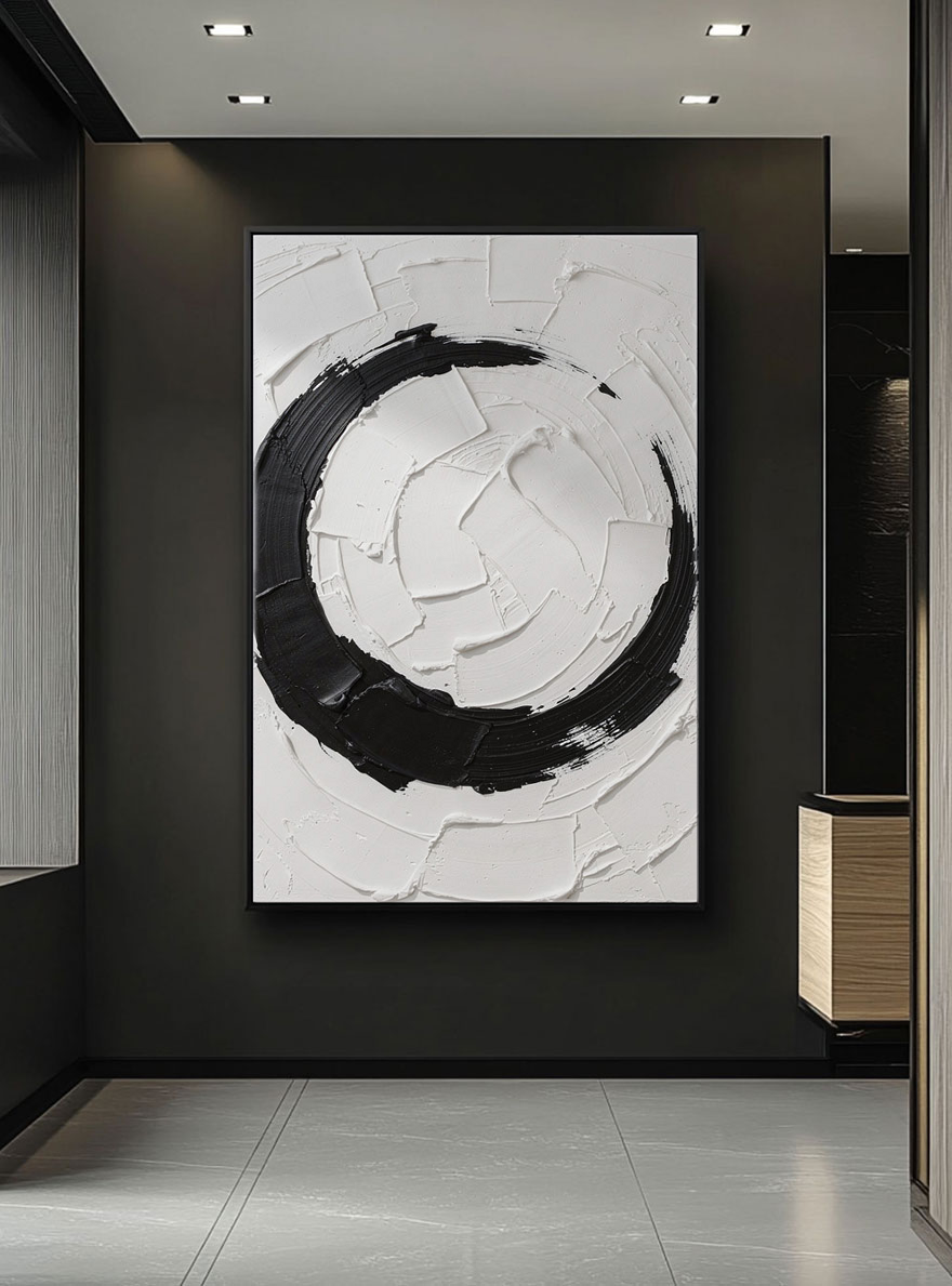 Minimalist Black and White Abstract Circular Impasto Wall Art, Bold Textured Brushstrokes Thick Paint Stacking Knife Marks Modern Geometric Line Decor for Contemporary Spaces