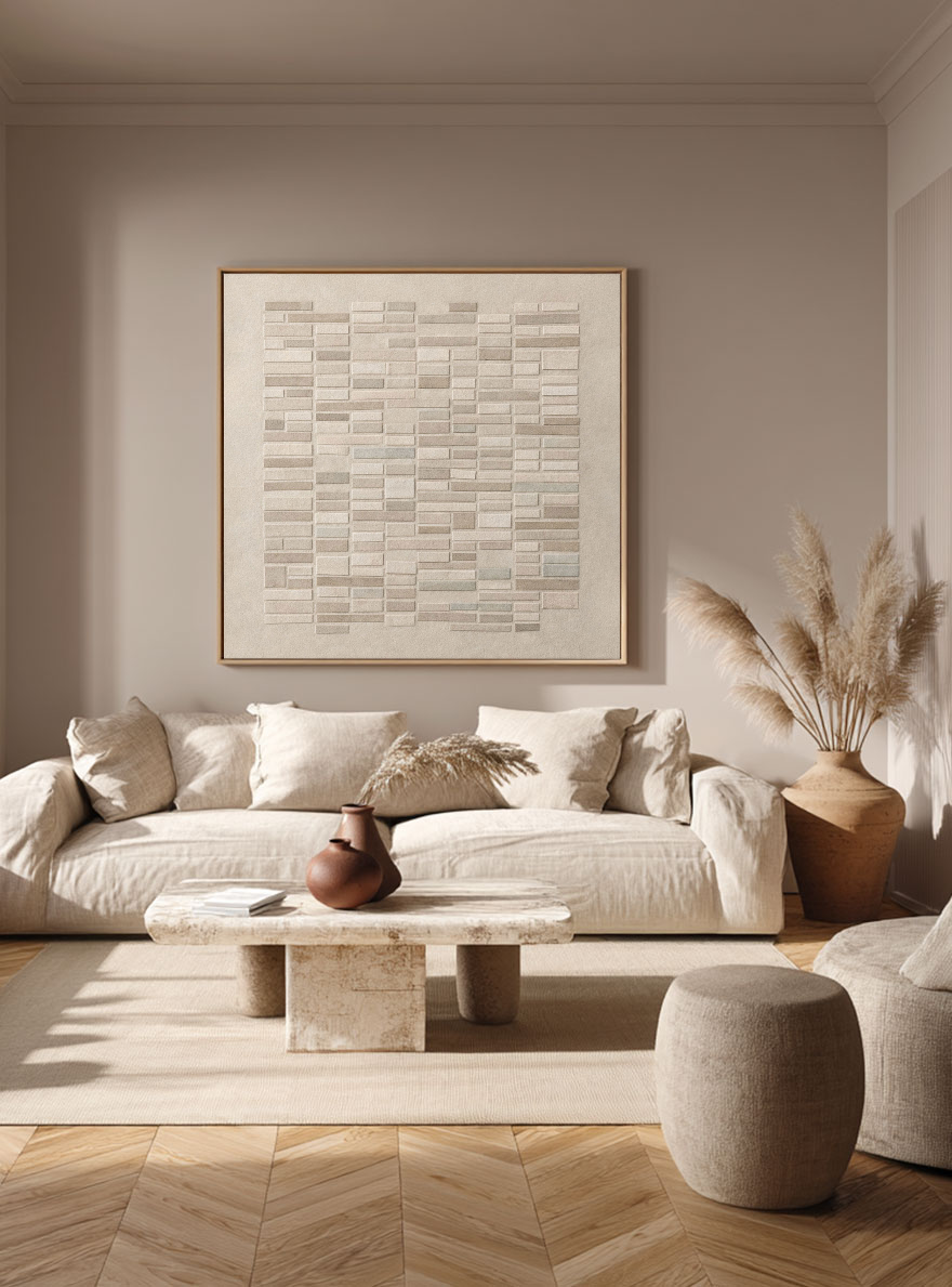 Minimalist Geometric Block Pattern Neutral Textured Wall Art in Soft Beige, Warm Brown, Light Grey, Medium Grey Tones Modern Abstract Decor for Office, Hallway, Dining Room, Bedroom, Living Room