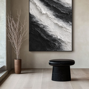 Black and White Abstract Diagonal Wave Textured Impasto Wall Art, Modern Monochrome Contrast Thick Knife Brush Stacked Painting, Minimalist Contemporary Handcrafted Decor for Interior Spaces