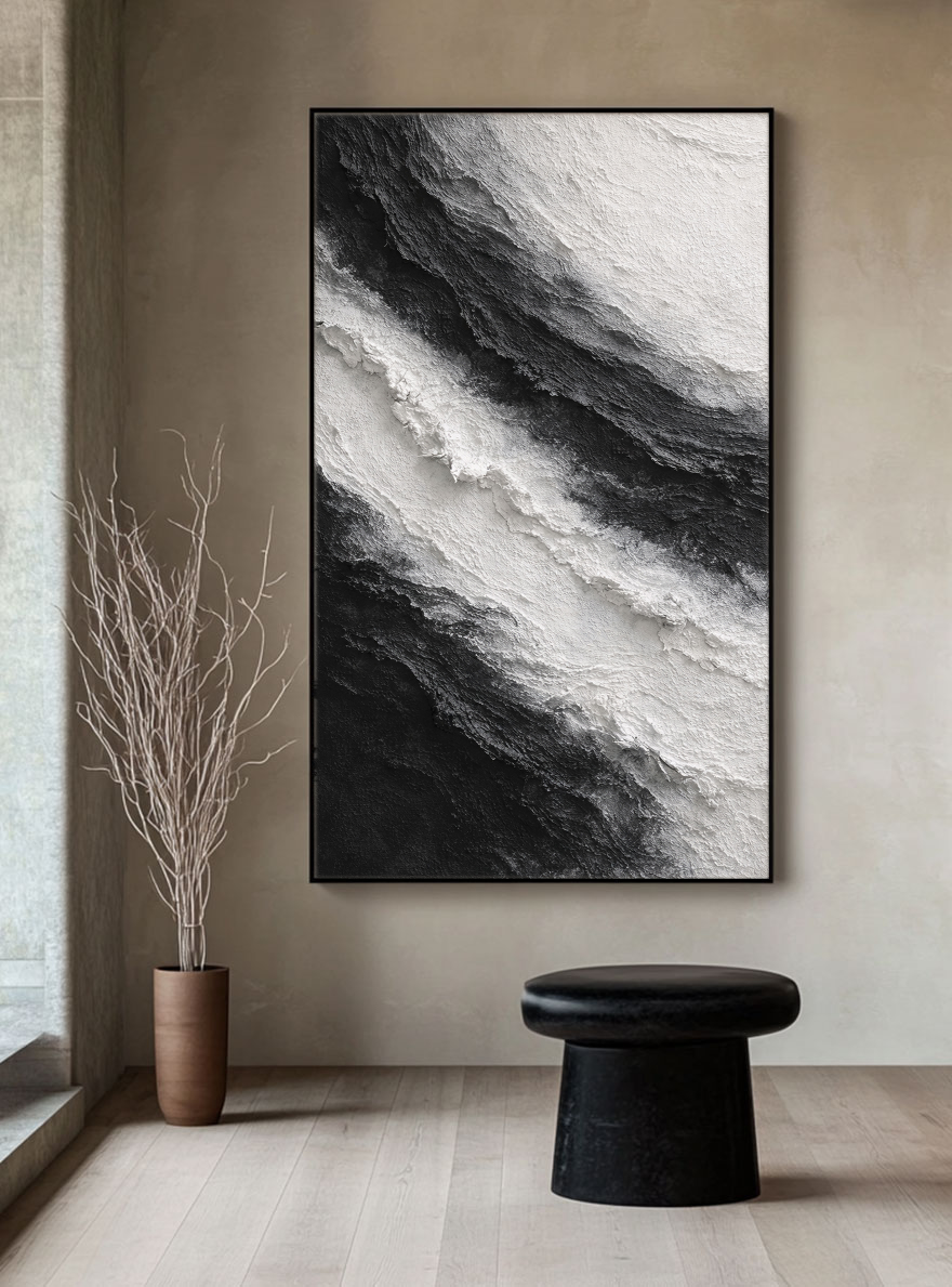 Black and White Abstract Diagonal Wave Textured Impasto Wall Art, Modern Monochrome Contrast Thick Knife Brush Stacked Painting, Minimalist Contemporary Handcrafted Decor for Interior Spaces