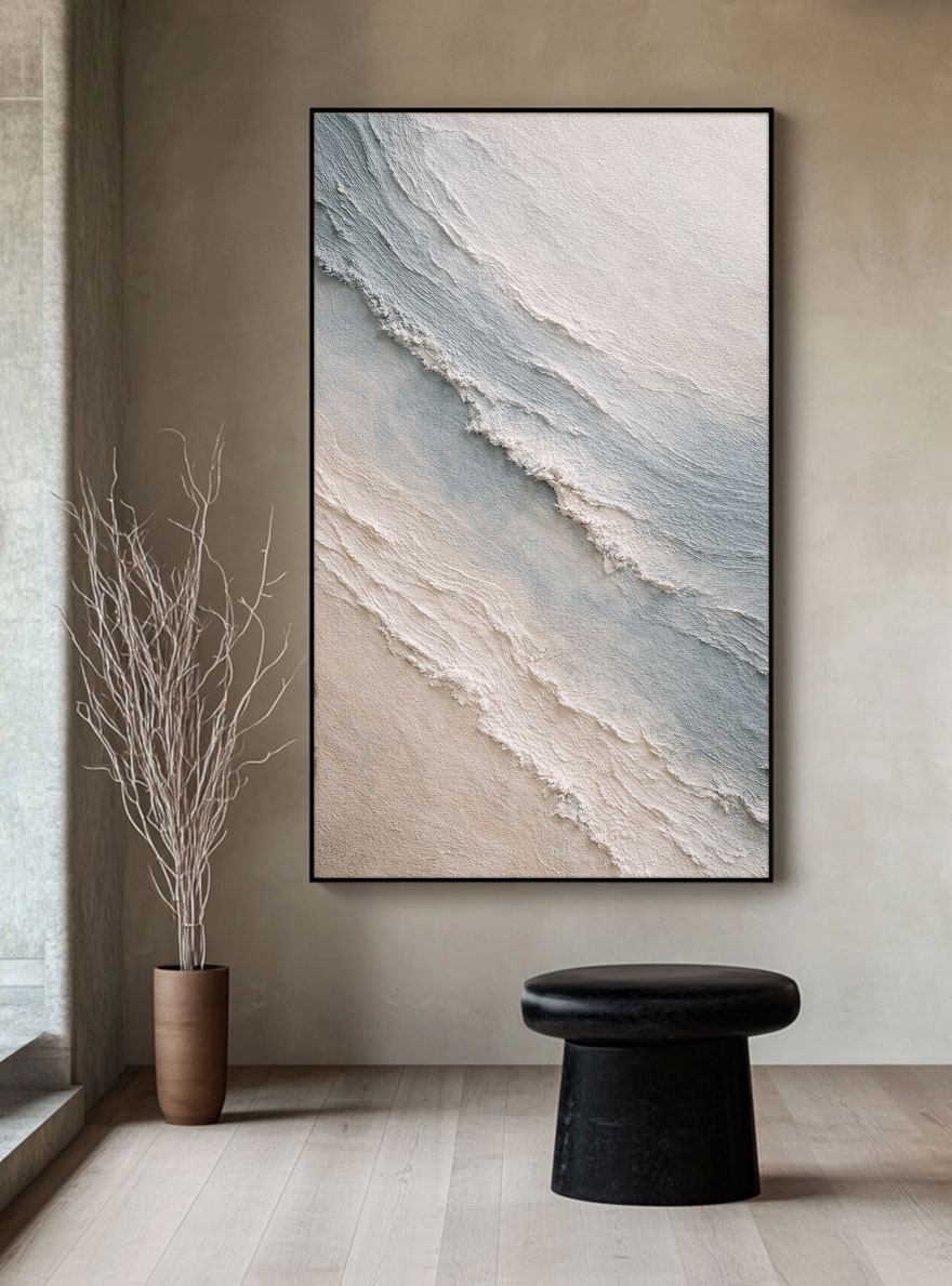 Abstract Blue Beige White Ocean Wave Textured Wall Art Minimalist Modern Frameless Canvas Painting for Living Room Bedroom Office Dining Hallway Neutral Coastal Style Wall Decor