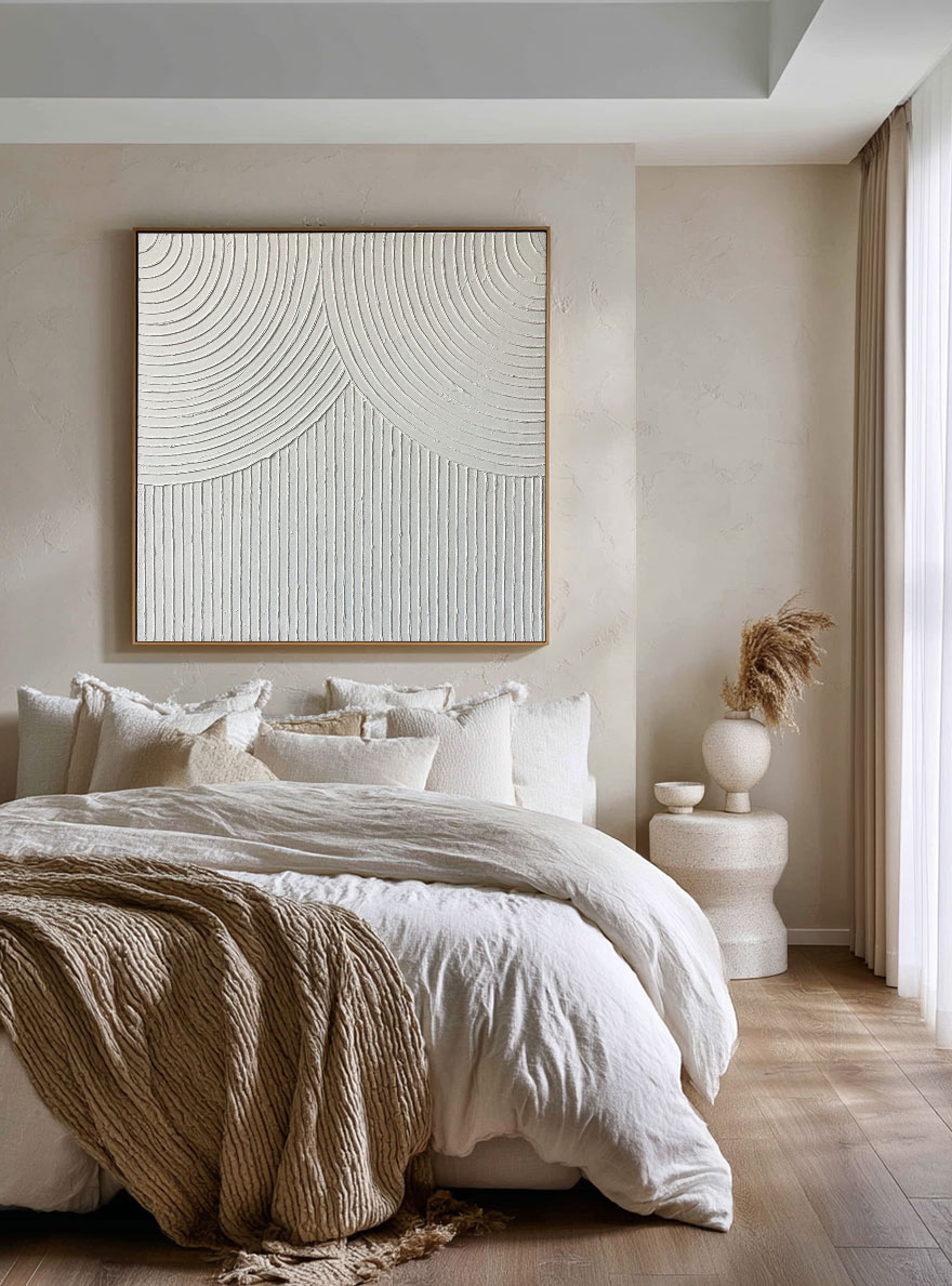 Minimalist White Abstract Geometric Lines Textured Wall Art Framed Square Modern Decor for Neutral Spaces