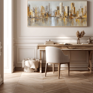 Abstract Modern Urban Cityscape Skyline Wall Art Gold and Grey Textured Panoramic Canvas Painting with River Reflection Elegant Minimalist Decor for Living Room Office Hallway Bedroom Dining Room