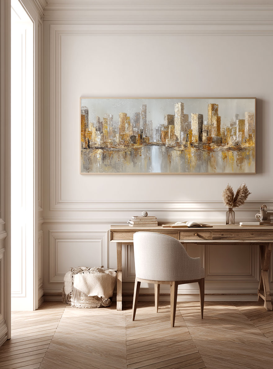Abstract Modern Urban Cityscape Skyline Wall Art Gold and Grey Textured Panoramic Canvas Painting with River Reflection Elegant Minimalist Decor for Living Room Office Hallway Bedroom Dining Room