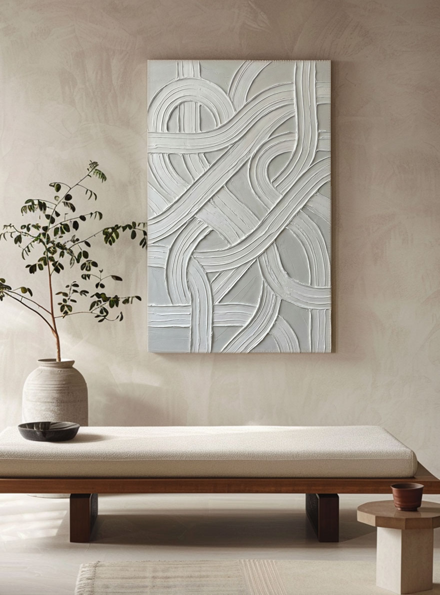 Modern Minimalist Abstract White and Medium Grey Curved & Straight Line Textured Relief Wall Art for Contemporary Home & Office Decor