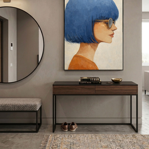 Modern Portrait Woman with Blue Bob Hair Gold Sunglasses Framed Wall Art, Retro Chic Minimalist Female Profile Painting for Home Decor, Vibrant Blue Brown Beige White Artwork