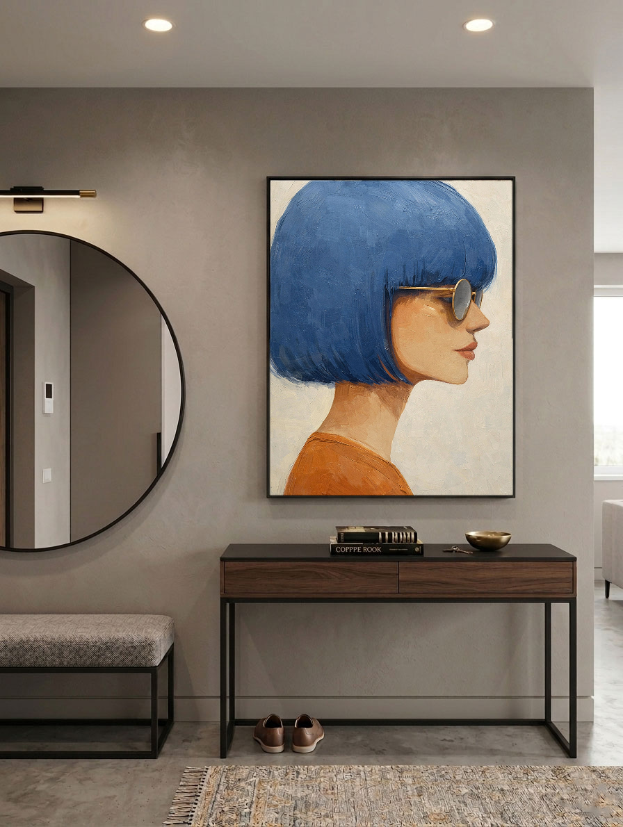 Modern Portrait Woman with Blue Bob Hair Gold Sunglasses Framed Wall Art, Retro Chic Minimalist Female Profile Painting for Home Decor, Vibrant Blue Brown Beige White Artwork