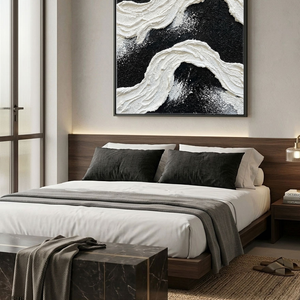 Black and White Abstract Textured Impasto Wave Wall Art Modern Minimalist Thick Paint Stacking Bold Contrast Non-Representational Canvas Artwork for Living Room Bedroom Office Home Decor
