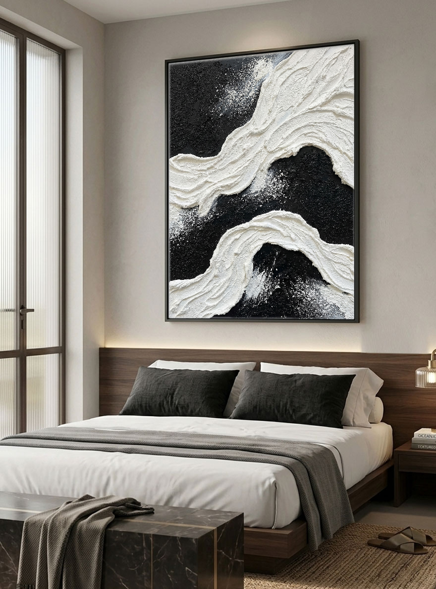 Black and White Abstract Textured Impasto Wave Wall Art Modern Minimalist Thick Paint Stacking Bold Contrast Non-Representational Canvas Artwork for Living Room Bedroom Office Home Decor