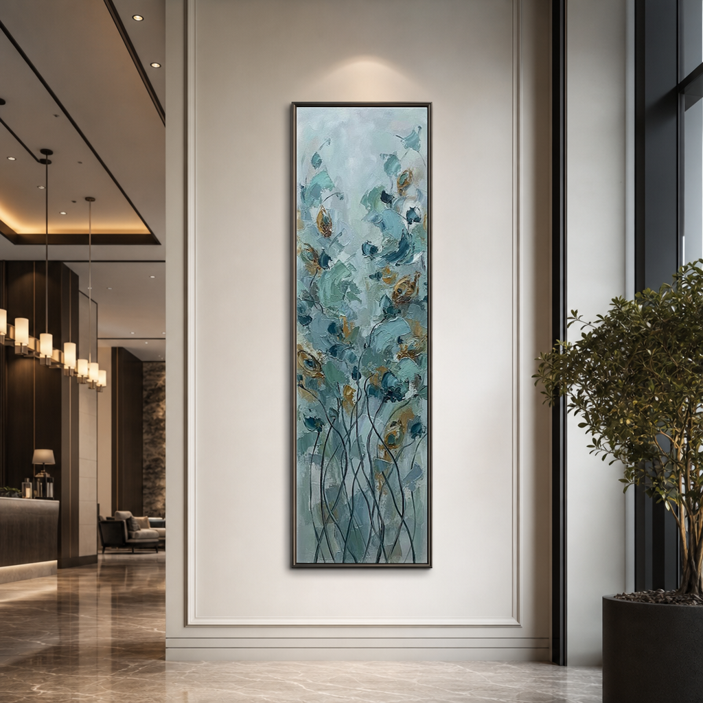 Tall Vertical Abstract Blue Beige Gold Floral Impasto Canvas Wall Art - Soft Muted Botanical Flower and Tree Artwork with Thick Knife Brush Paint Stacking, Minimal Elegant Textured Decor for Living Room Bedroom Office Hallway Dining Room