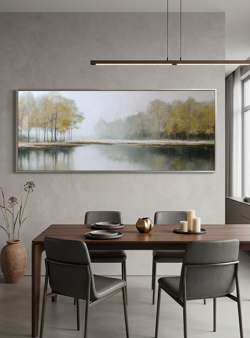 Misty Lakeside Acrylic Abstract Landscape Painting | Hand-Painted Canvas