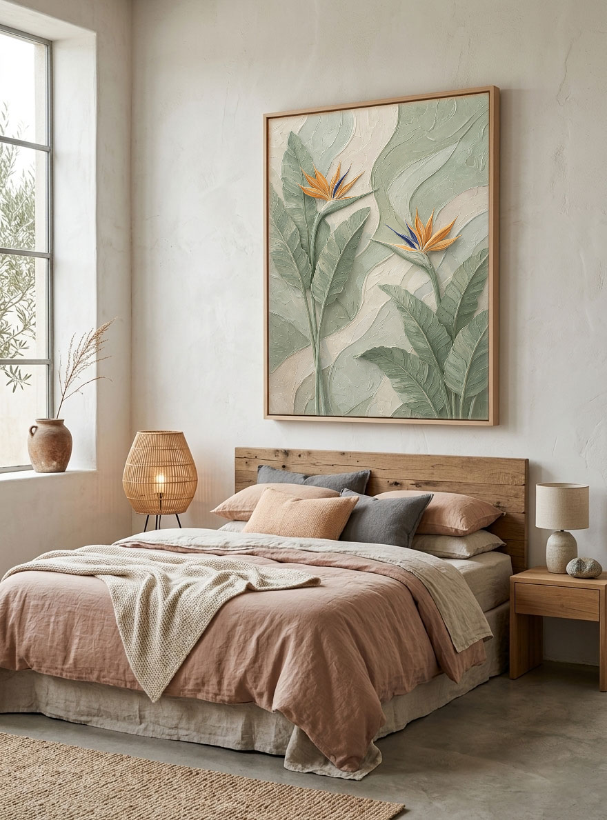 3D Bird of Paradise Flower Textured Plaster Wall Art, Tropical Green and Orange Relief Painting, Modern Nature Inspired Wall Decor for Living Room Bedroom Office Dining Hallway, Muted Neutral Base with Bold Tropical Accents