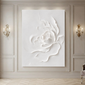 White 3D Relief Textured Abstract Flower Vertical Wall Art for Bedroom or Living Room