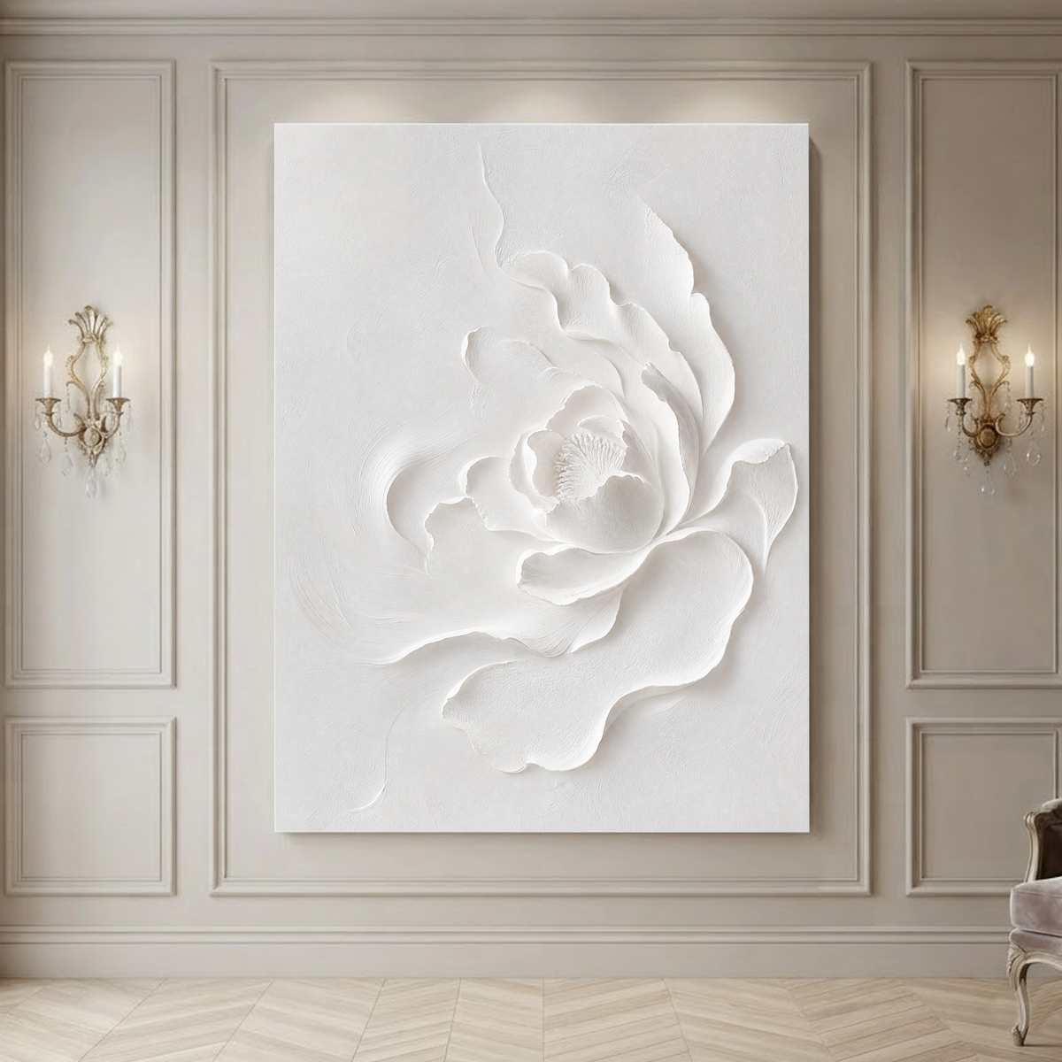 White 3D Relief Textured Abstract Flower Vertical Wall Art for Bedroom or Living Room