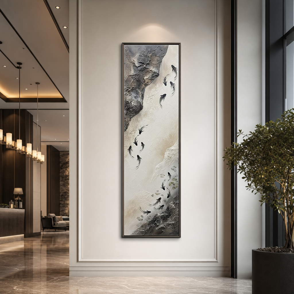 Minimalist Textured Koi Fish Vertical Framed Wall Art, Neutral Black White Beige Dark Grey Swimming Fish Nature Inspired Artwork for Modern Home Decor