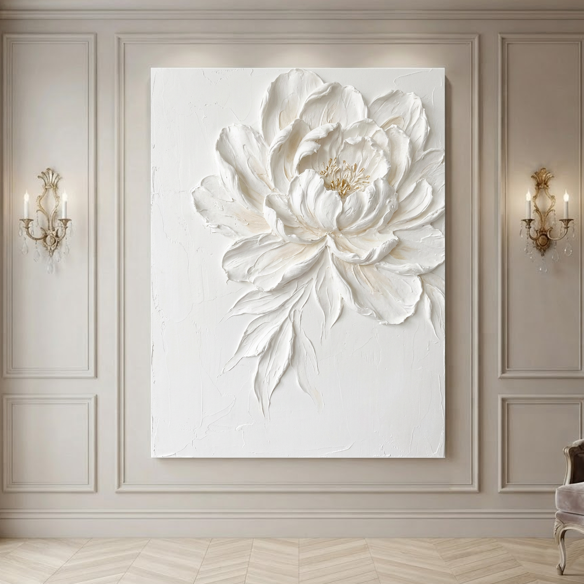 White Beige Gold Textured 3D Relief Vertical Flower Wall Art for Bedroom