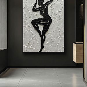 Black and White Textured Impasto Dancing Female Figure Portrait Minimalist Modern Bold Line Wall Art Decor for Living Room Bedroom Office Dining Room Hallway