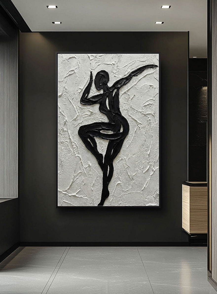 Black and White Textured Impasto Dancing Female Figure Portrait Minimalist Modern Bold Line Wall Art Decor for Living Room Bedroom Office Dining Room Hallway