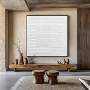 Wabi-Sabi Minimalist White Textured Painting | Modern Geometric Line Canvas | Serene Abstract Wall Art | Minimal Home Decor