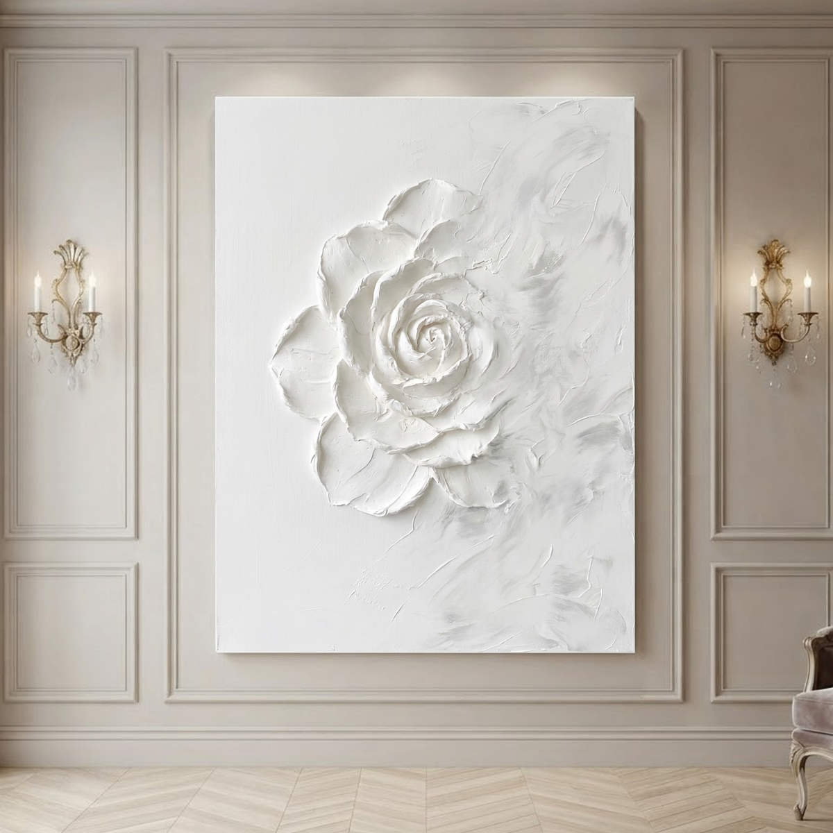White Textured Flower Vertical Wall Art with Plaster-Style Texture for Living Room or Bedroom