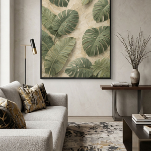 Tropical Green Monstera Banana Leaves Textured Impasto Wall Art for Living Room, Neutral Beige Background Large Botanical Painting, Modern Minimalist Plant Canvas Artwork for Bedroom Dining Room Office Hallway Home Decor