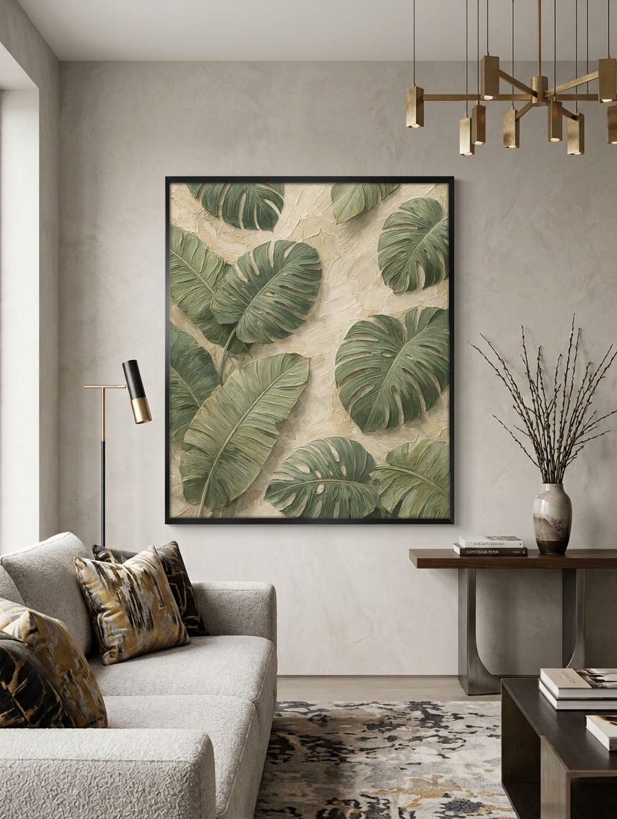 Tropical Green Monstera Banana Leaves Textured Impasto Wall Art for Living Room, Neutral Beige Background Large Botanical Painting, Modern Minimalist Plant Canvas Artwork for Bedroom Dining Room Office Hallway Home Decor