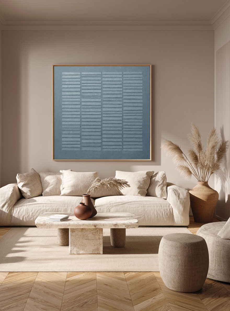 Minimalist Dark & Medium Grey Textured Abstract Square Wall Art with Subtle Repetitive Linear Grid Pattern - Neutral Modern Home Decor for Contemporary Spaces, Office & Living Areas, Understated Soft Tones, Thick Brush/Knife Texture