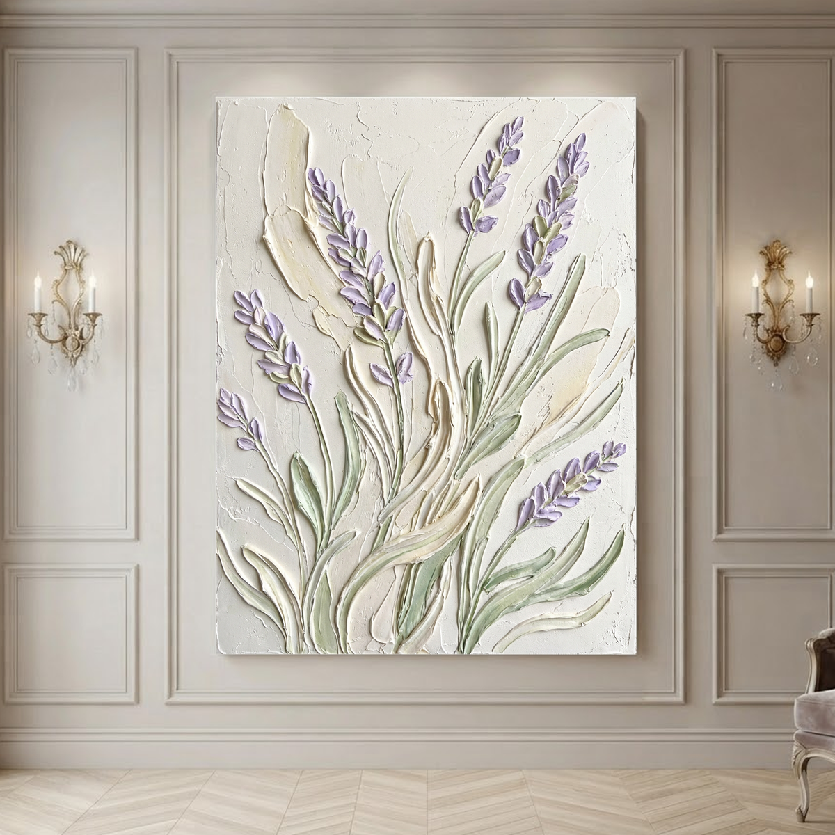 Textured Flower and Tree Soft Purple Cream Muted Green Acrylic-Style Vertical Wall Art for Bedroom