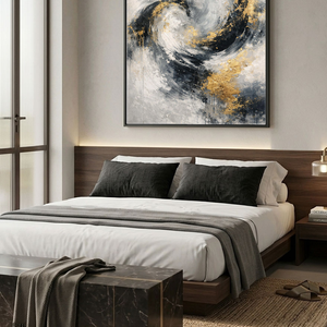 Elegant Modern Abstract Swirling Black White Dark Grey Light Gold Textured Wall Art Thick Paint Knife Marks Contemporary Bold Contrast Artwork for Sophisticated Home and Office Decor