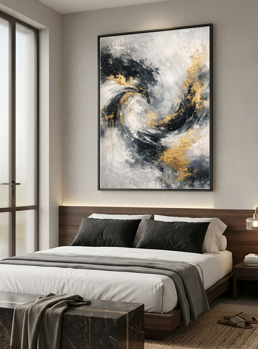 Elegant Modern Abstract Swirling Black White Dark Grey Light Gold Textured Wall Art Thick Paint Knife Marks Contemporary Bold Contrast Artwork for Sophisticated Home and Office Decor