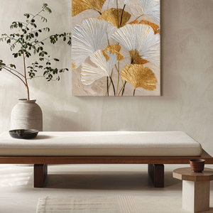Elegant Textured Gold and White Ginkgo Leaves Floral Wall Art for Modern Home Decor, Botanical Print with Thick Impasto Paint Texture, Beige Background Wall Hanging for Living Room Bedroom Dining Room Office Hallway