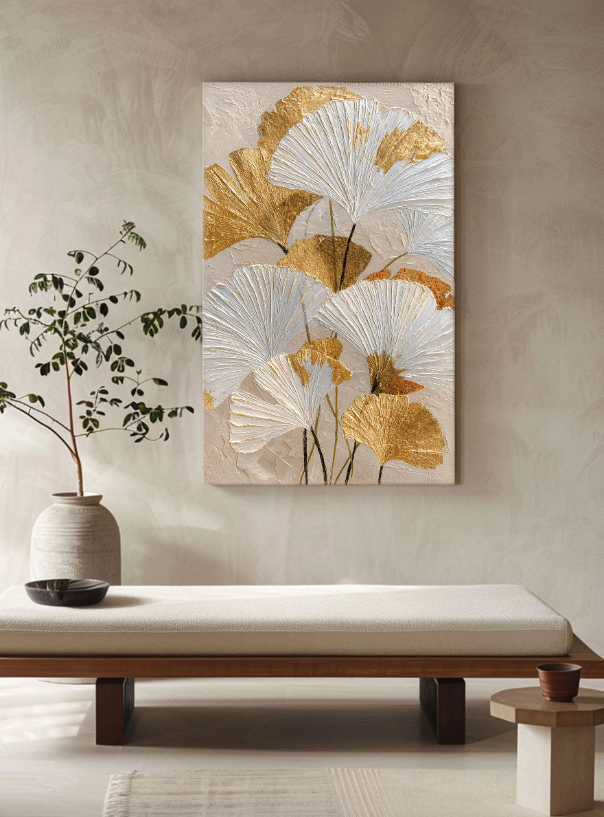 Elegant Textured Gold and White Ginkgo Leaves Floral Wall Art for Modern Home Decor, Botanical Print with Thick Impasto Paint Texture, Beige Background Wall Hanging for Living Room Bedroom Dining Room Office Hallway