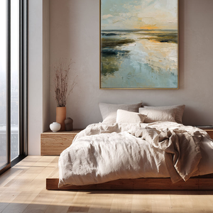 Abstract Textured Ocean and Sky Coastal Sunset Landscape Impasto Framed Canvas Wall Art – Soft Blue Beige Brown Yellow Hues for Contemporary Home Office Decor