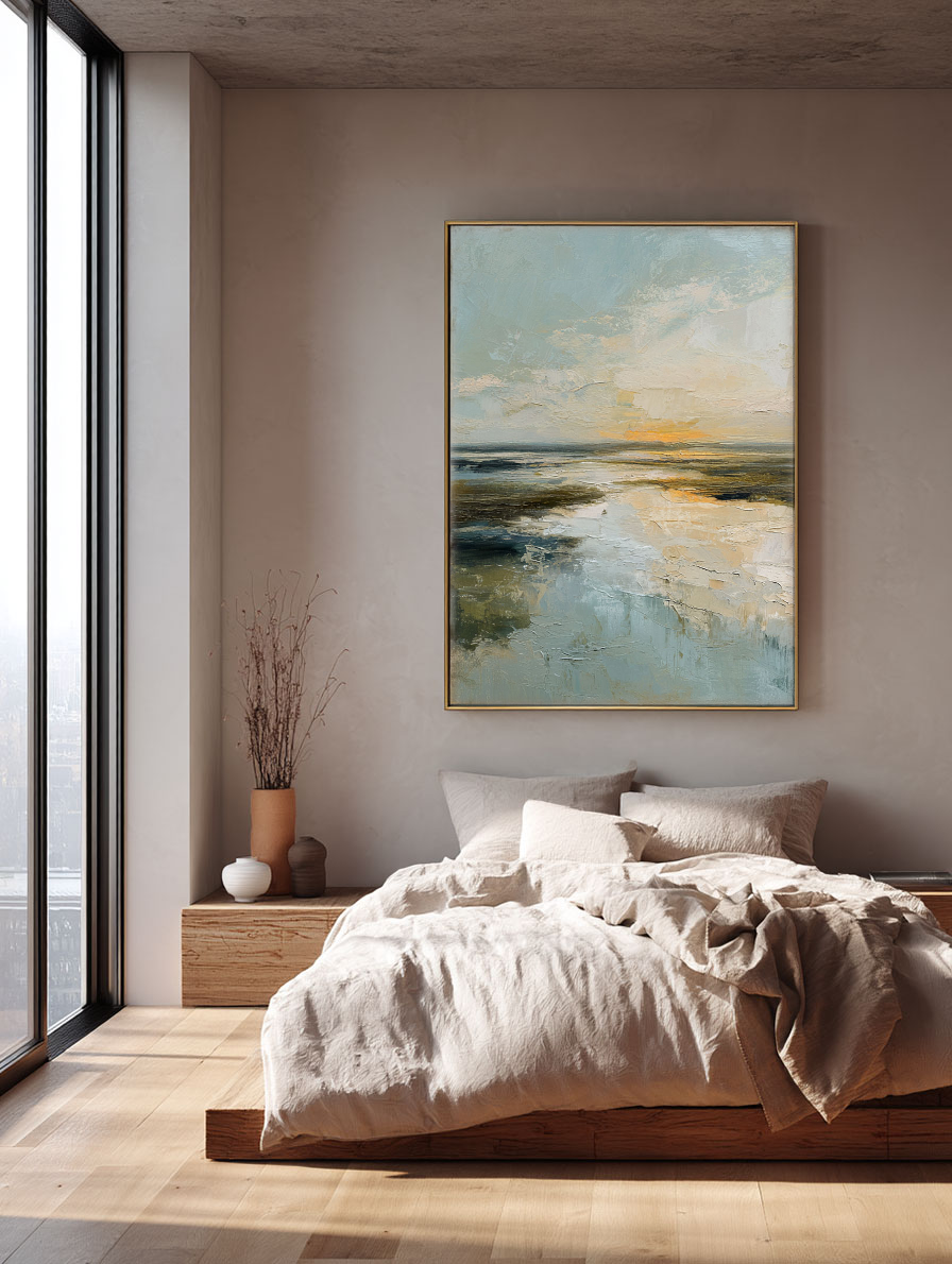 Abstract Textured Ocean and Sky Coastal Sunset Landscape Impasto Framed Canvas Wall Art – Soft Blue Beige Brown Yellow Hues for Contemporary Home Office Decor