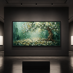 Thick Impasto Textured Flowering Tree Wall Art with Gold Accents, Nature-Inspired Green White Brown Palette Painting for Modern Home Decor, Bedroom Living Room Office Dining Hallway Mural, Canvas Artwork with Rustic Aged Details