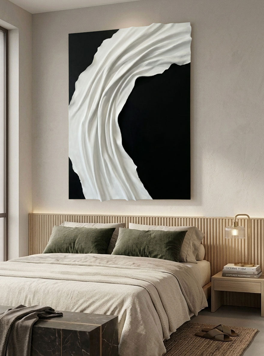 Minimalist Black and White Abstract Textured Wall Art, Modern Neutral Monochrome 3D Wave Relief Decor for Contemporary Living Spaces, Elegant Monotone Vertical Wall Hanging