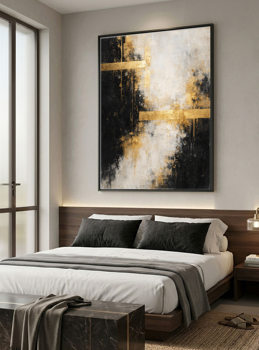 Bold Black Gold White Abstract Textured Wall Art – Modern Vertical Canvas Decor with Impasto Knife Brushwork, Contrast Metallic Lines for Contemporary Living Room Bedroom Office Dining Hallway
