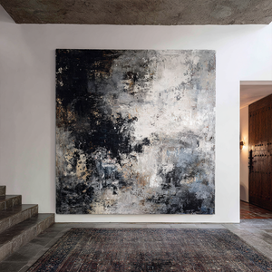 Asymmetrical Black and White Abstract Painting | Hand-Painted Textured Canvas