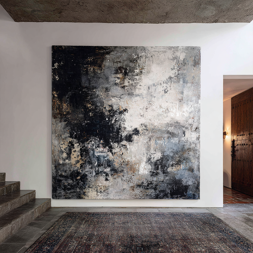 Asymmetrical Black and White Abstract Painting | Hand-Painted Textured Canvas