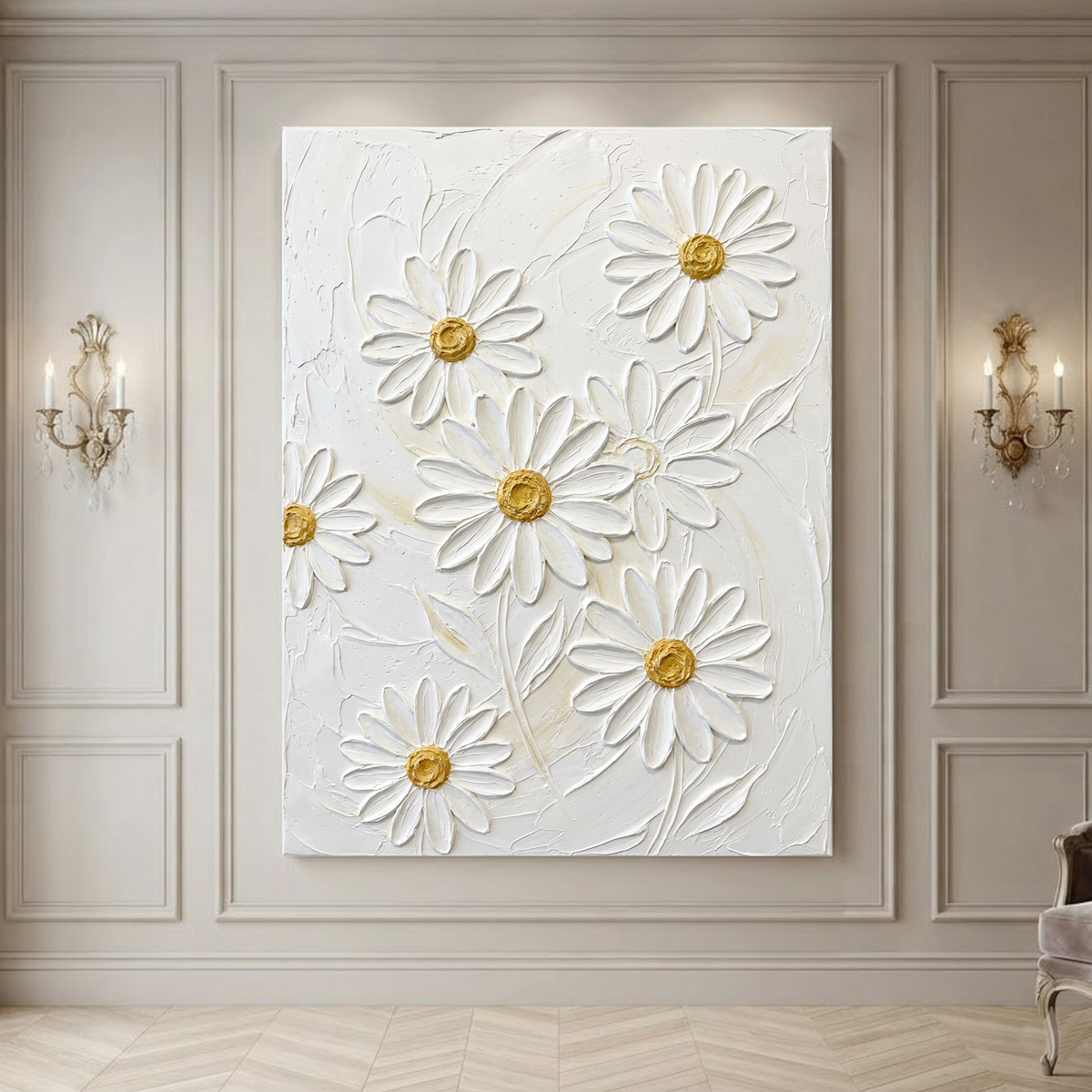 White and Gold Flower and Tree Textured Acrylic-Style 3D Relief Vertical Wall Art for Living Room Bedroom