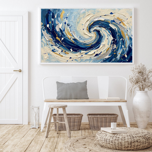 Blue White Gold Abstract Ocean Wave Swirl Thick Impasto Textured Canvas Wall Art Modern Coastal Living Room Bedroom Dining Room Office Hallway Decorative Artwork