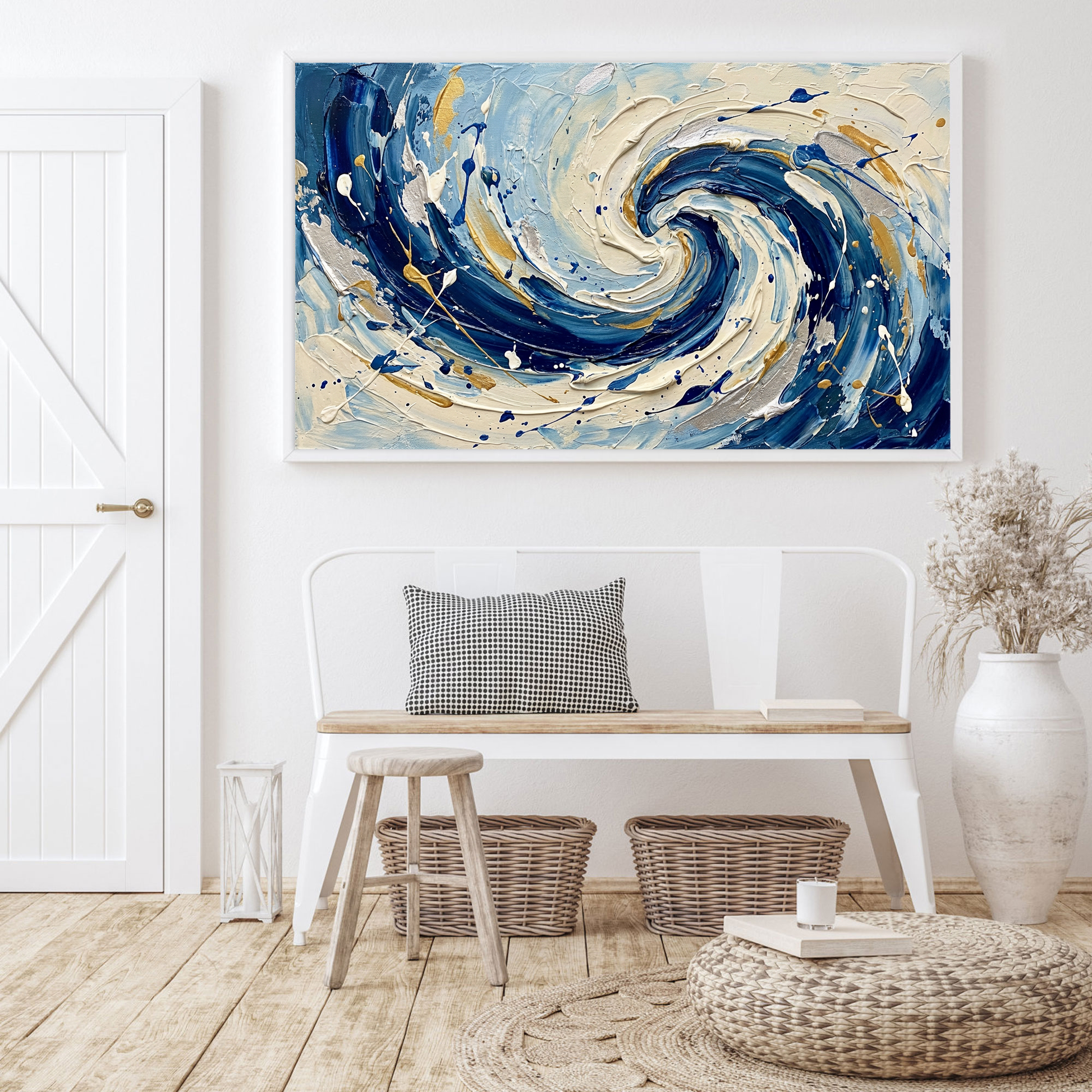 Blue White Gold Abstract Ocean Wave Swirl Thick Impasto Textured Canvas Wall Art Modern Coastal Living Room Bedroom Dining Room Office Hallway Decorative Artwork