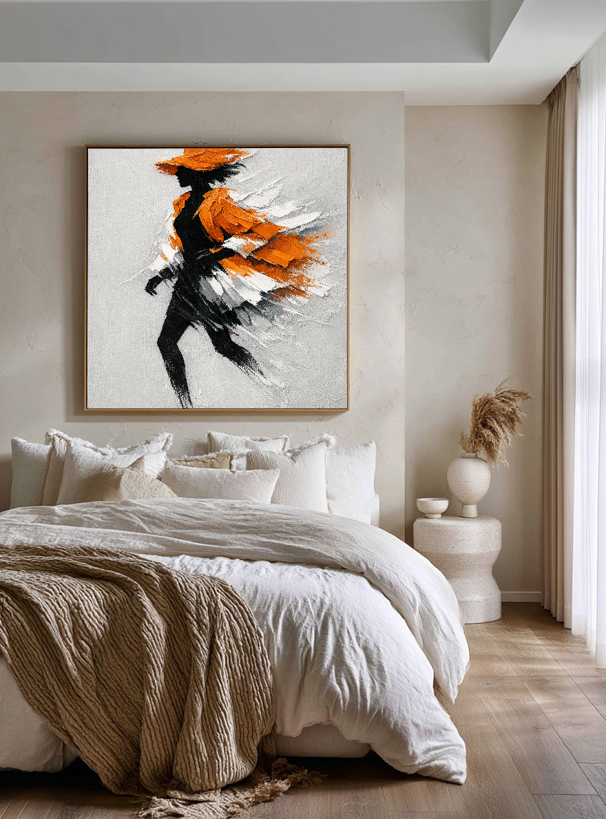 Modern Framed Black Silhouette Woman Portrait Wall Art with Thick Orange White Light Grey Impasto Brush Strokes, Elegant Abstract Textured Painting for Home Decor, Living Room Bedroom Office Accent Piece, Handcrafted 3D-Like Effect
